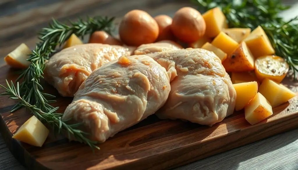 cuts of chicken with potatoes and herbs